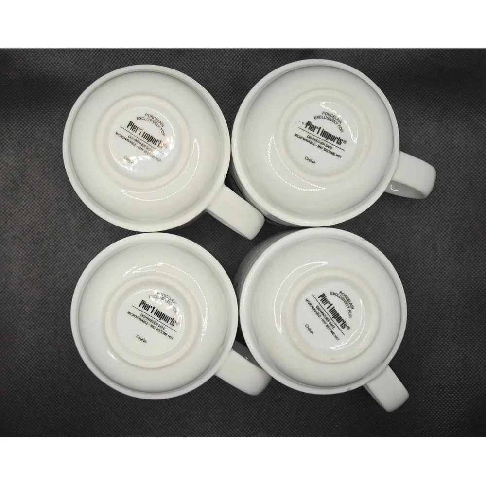Set of 4 Pier 1 Mustache Ceramic Coffee Mugs White Black Handlebar Chevron Mugs